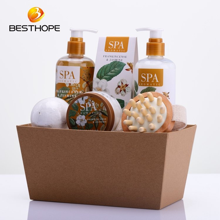 Customized fragrance oil perfume spa bath gift set with woven handbag shampoo shower gel body wash bubble bath set