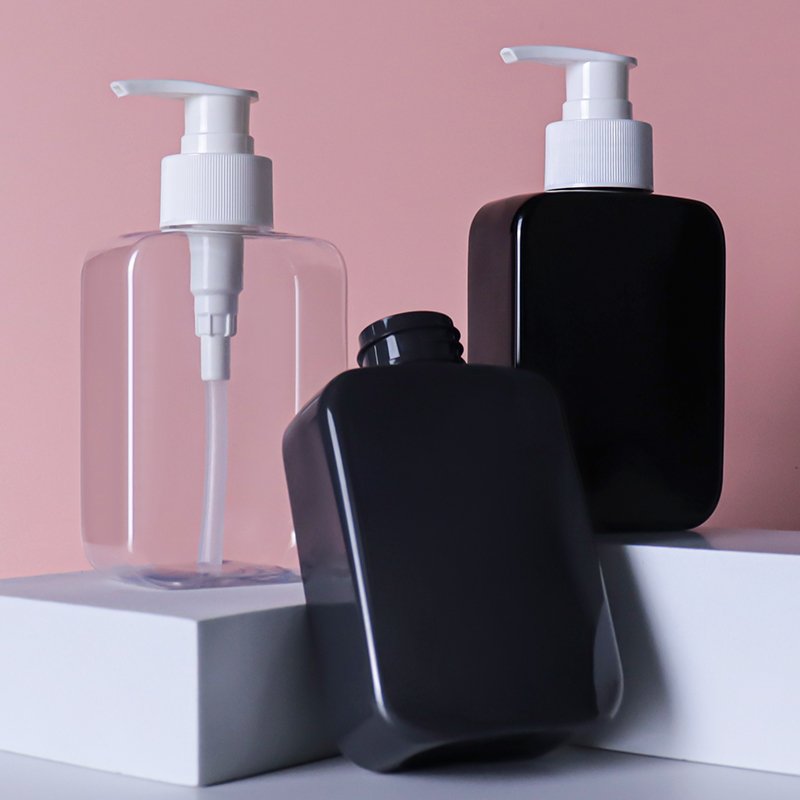 cosmetic face wash pump bottle 200ml pet clear square lotion bottle with black plastic pump head