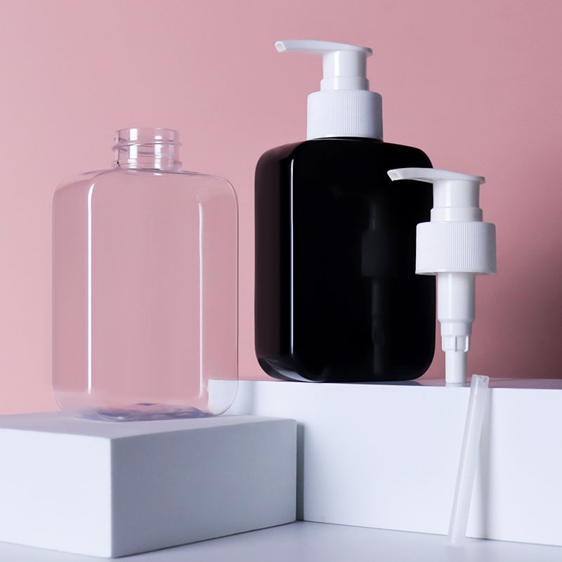 cosmetic face wash pump bottle 200ml pet clear square lotion bottle with black plastic pump head