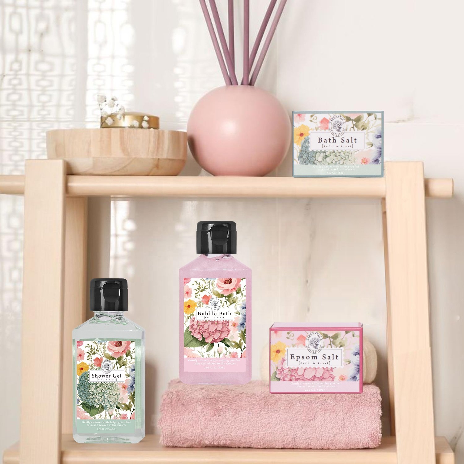 Customizable Floral Scented Bath Gift Set with Shower Gel Bubble Bath Epsom Salt Bath Salt in Window Paper Box MOQ 1000