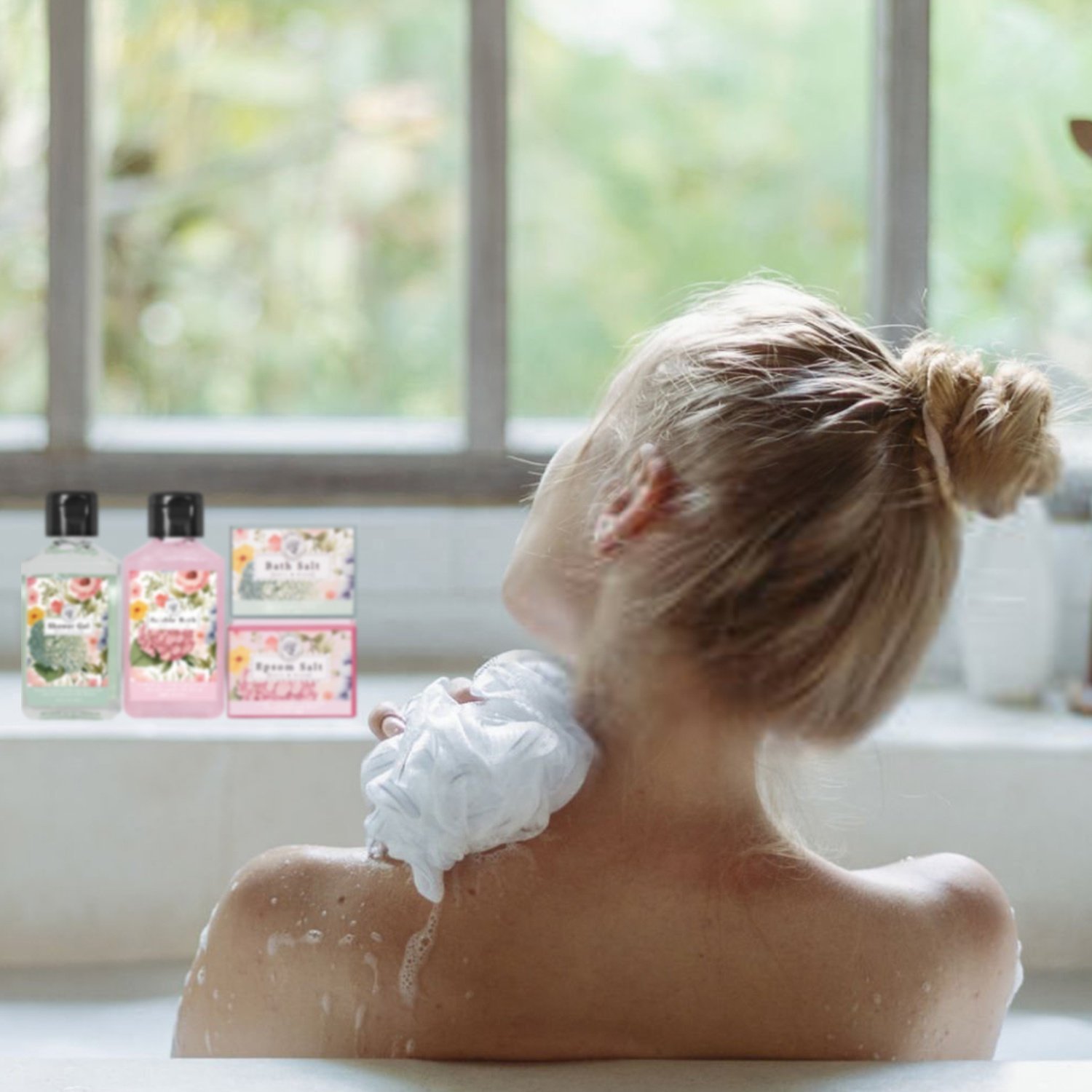 Customizable Floral Scented Bath Gift Set with Shower Gel Bubble Bath Epsom Salt Bath Salt in Window Paper Box MOQ 1000