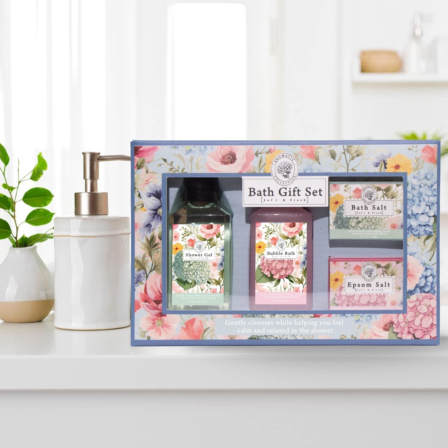 Customizable Floral Scented Bath Gift Set with Shower Gel Bubble Bath Epsom Salt Bath Salt in Window Paper Box MOQ 1000