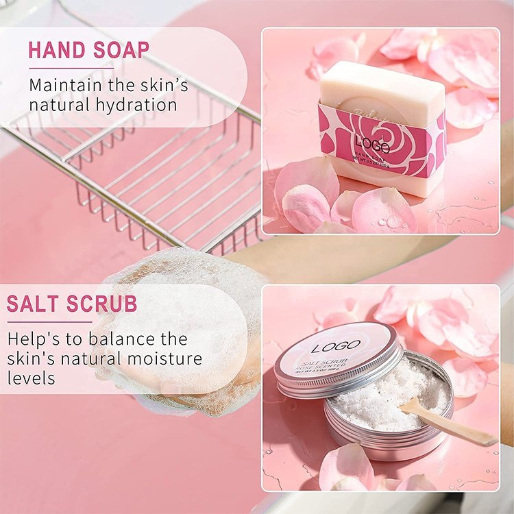 wholesale natural private label rose scent bath salt essential oil bath rose petal salt scrub bath gift sets