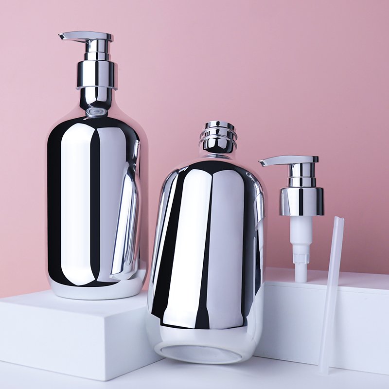 wholesale 500ml lotion pump bottle for liquid body wash 16oz silver PET plastic shampoo bottles lunxy