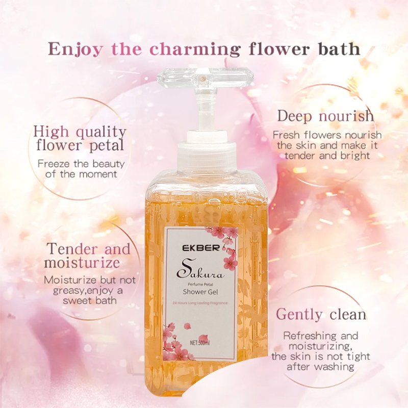 EKBER Private Label Shower Gel Sakura Cherry Blossom Body Wash Daily Cleaning Whitening Skin Perfume Petal Shower Gel