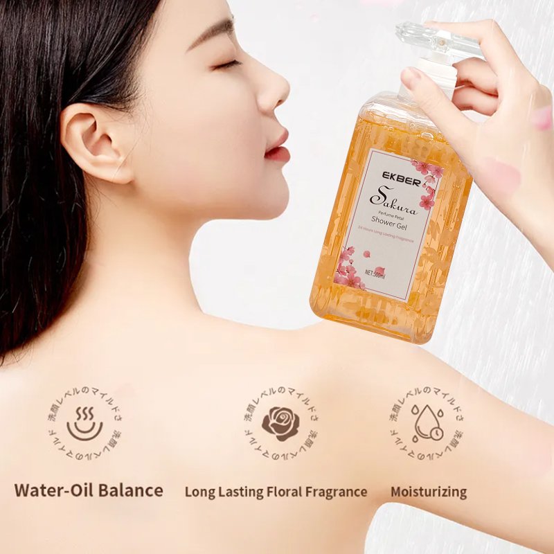 EKBER Private Label Shower Gel Sakura Cherry Blossom Body Wash Daily Cleaning Whitening Skin Perfume Petal Shower Gel