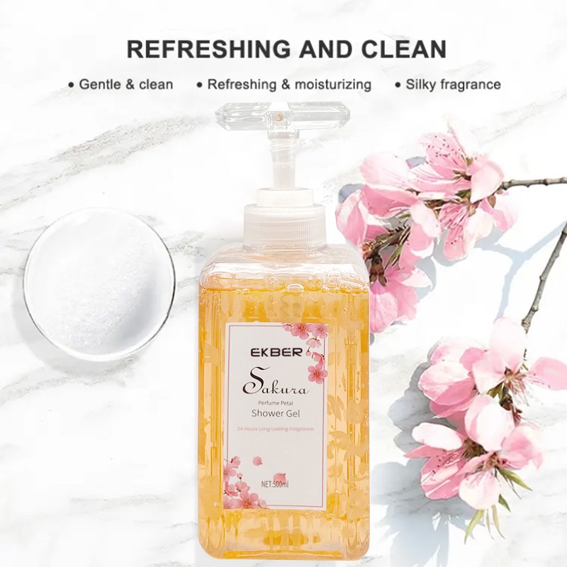EKBER Private Label Shower Gel Sakura Cherry Blossom Body Wash Daily Cleaning Whitening Skin Perfume Petal Shower Gel