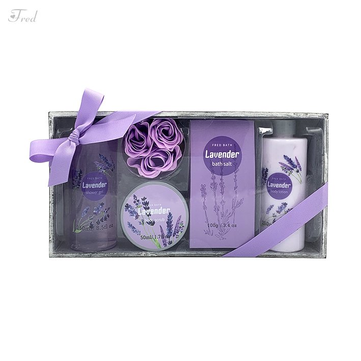 Hot Sale New Design Wooden Box Lavender shower gel Body Lotion Soap Flower Kit Bath Spa Gift Set For Women