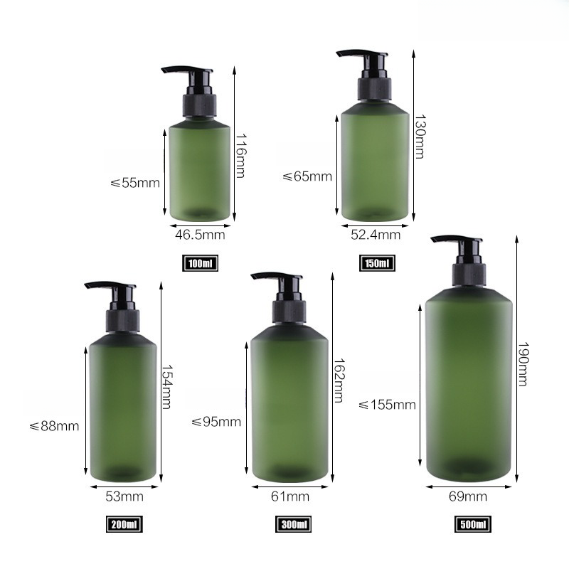 Oblique Shoulder frosted green toner 100ml pet plastic bottle 300ml 500ml green shampoo bottle lotion pump shower gel dispenser