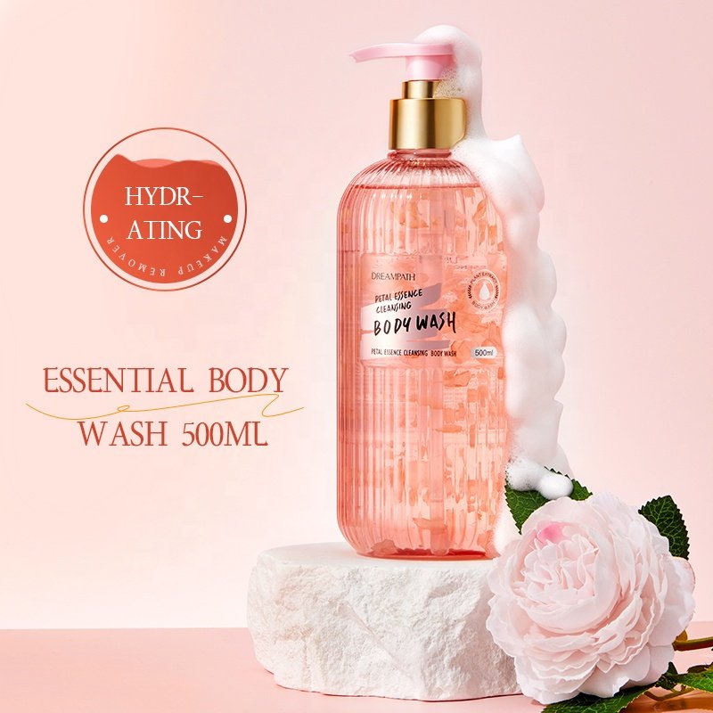 OEM Body Wash with Pump 500ml Natural Shower Cream with Real Rose Petals Deep Moisture for Dry Skin Flower Essence Shower Gel