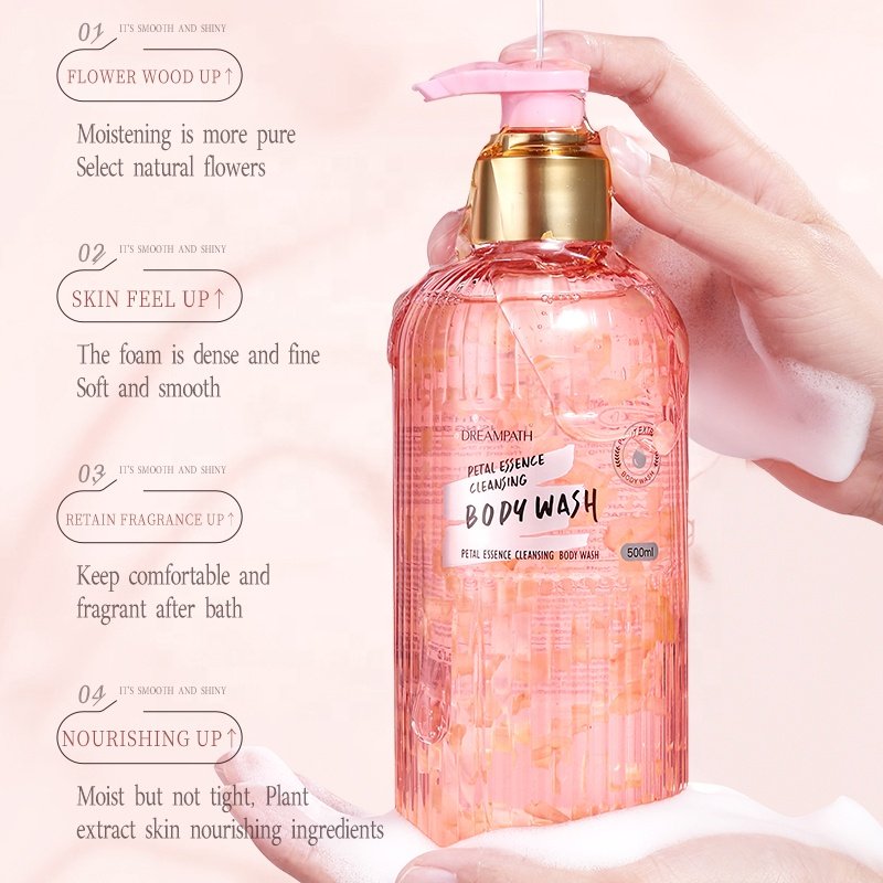 OEM Body Wash with Pump 500ml Natural Shower Cream with Real Rose Petals Deep Moisture for Dry Skin Flower Essence Shower Gel