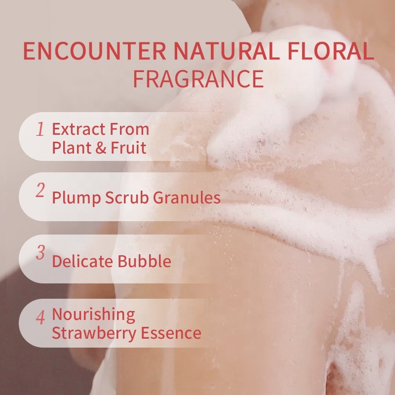 Custom Private Label Strawberry Seeds Bath Exfoliating Shower Gel Fruity Nourish Skin Smooth Body Wash