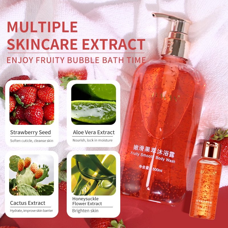 Custom Private Label Strawberry Seeds Bath Exfoliating Shower Gel Fruity Nourish Skin Smooth Body Wash