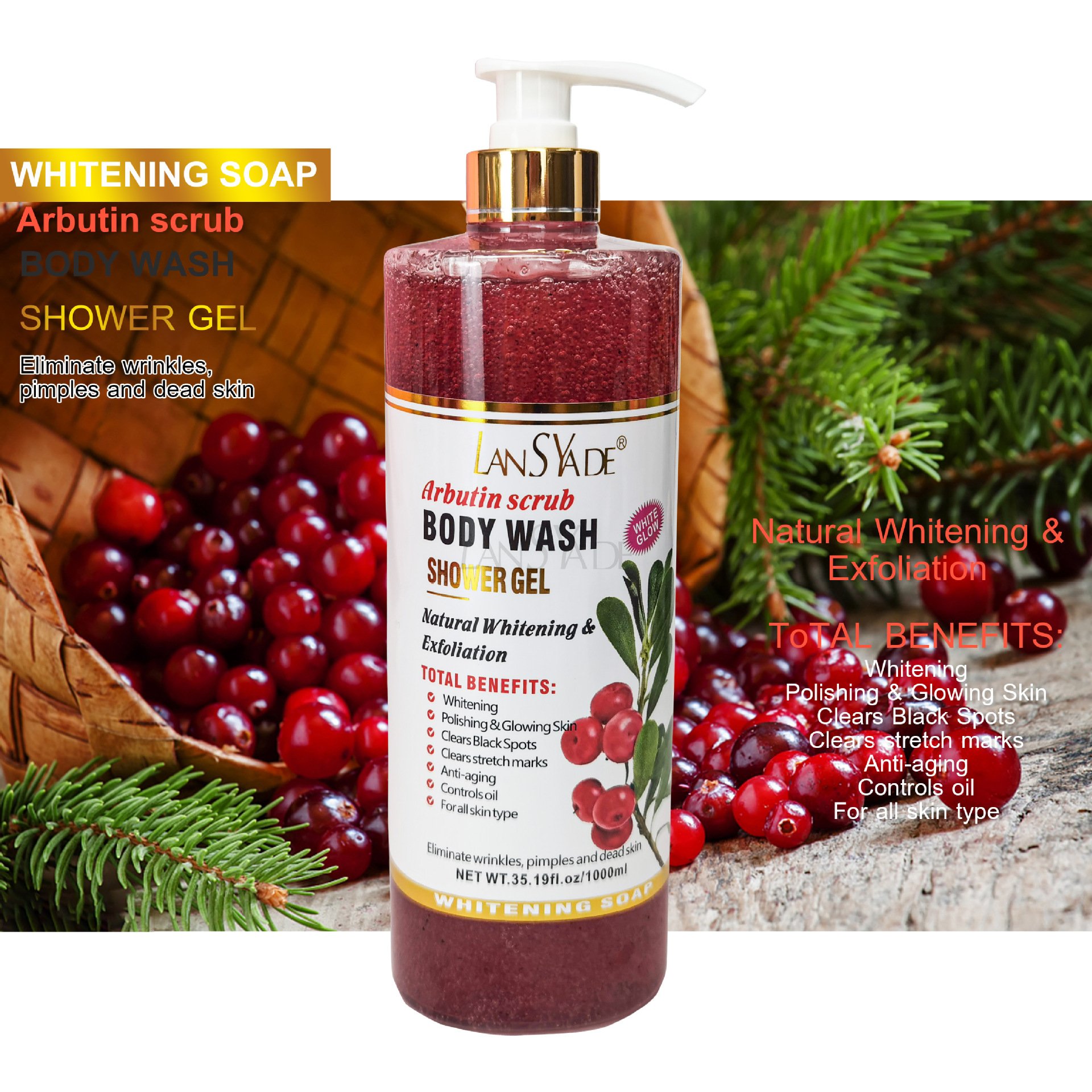 Private Label Organic extra whitening shower gel 1000ml moisturizing whitening VC turmeric body wash