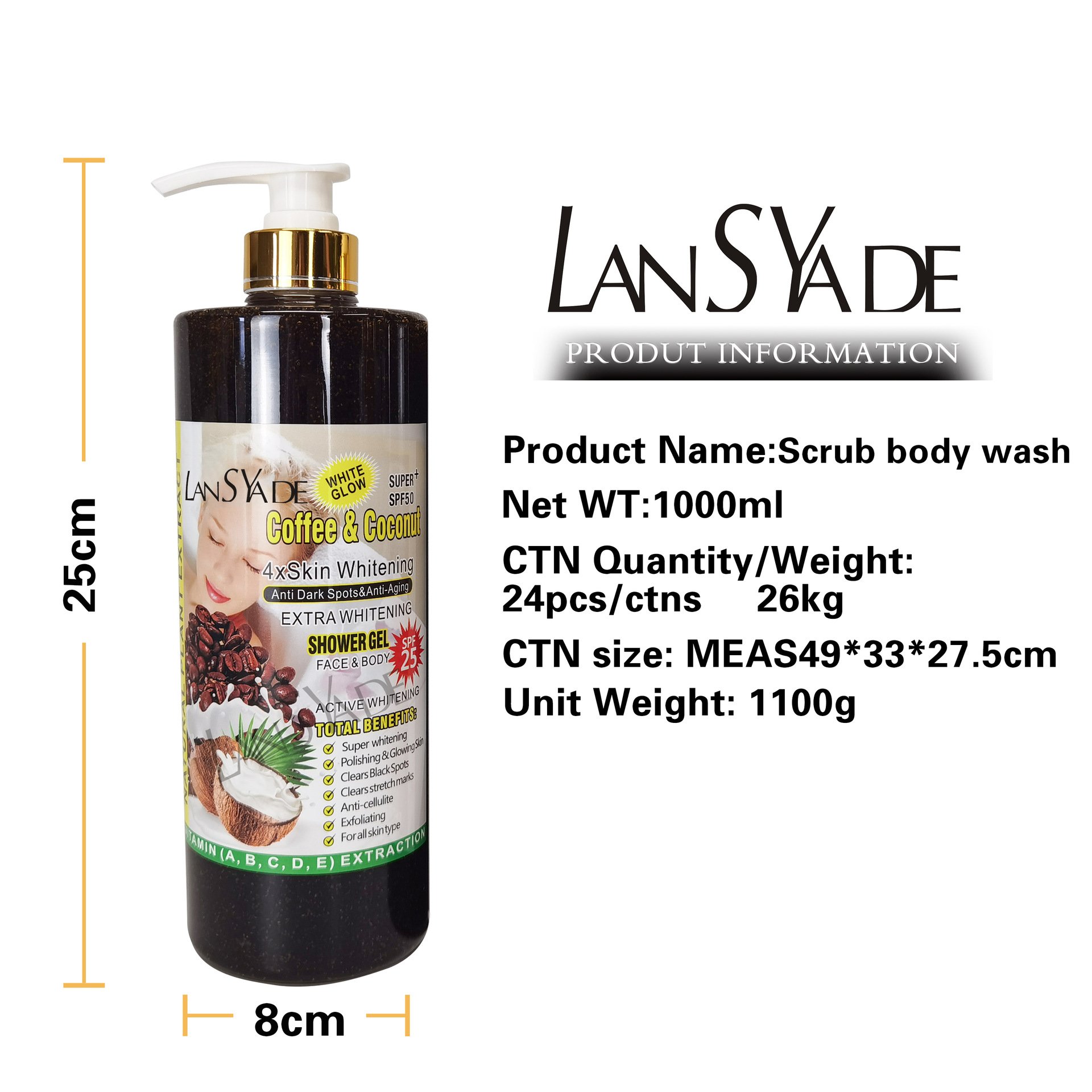 Private Label Organic extra whitening shower gel 1000ml moisturizing whitening VC turmeric body wash