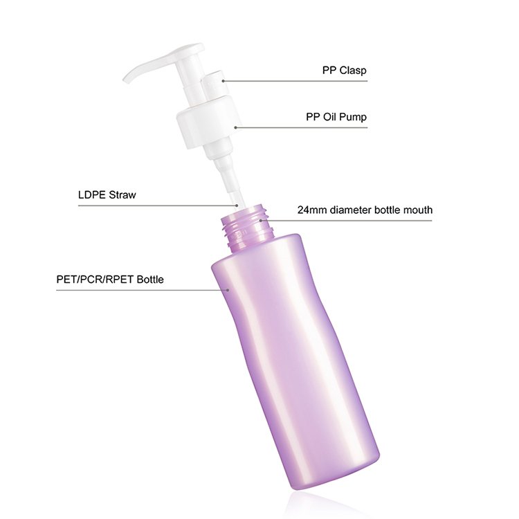 Purple color hair oil bottles 4 oz plastic bottles for hair oil cleansing oil bottles for skincare with white pump dispenser