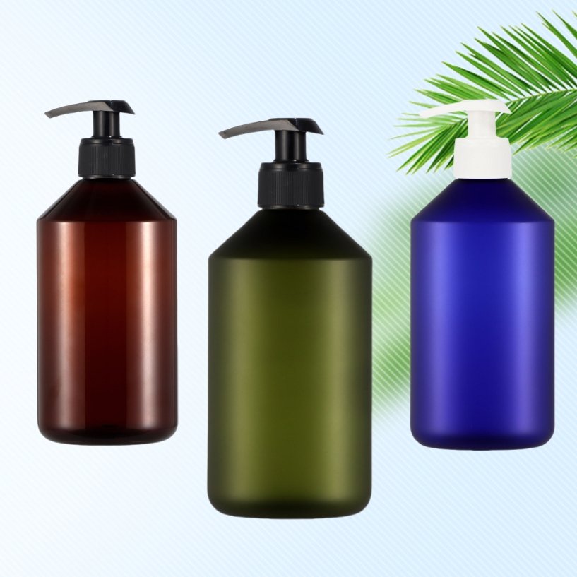 Premium 300ml 500ml oblique shoulder matte green amber PET plastic refillable shampoo bottle shower gel bottle with lotion pump