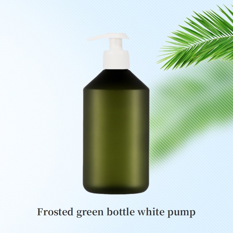 Premium 300ml 500ml oblique shoulder matte green amber PET plastic refillable shampoo bottle shower gel bottle with lotion pump
