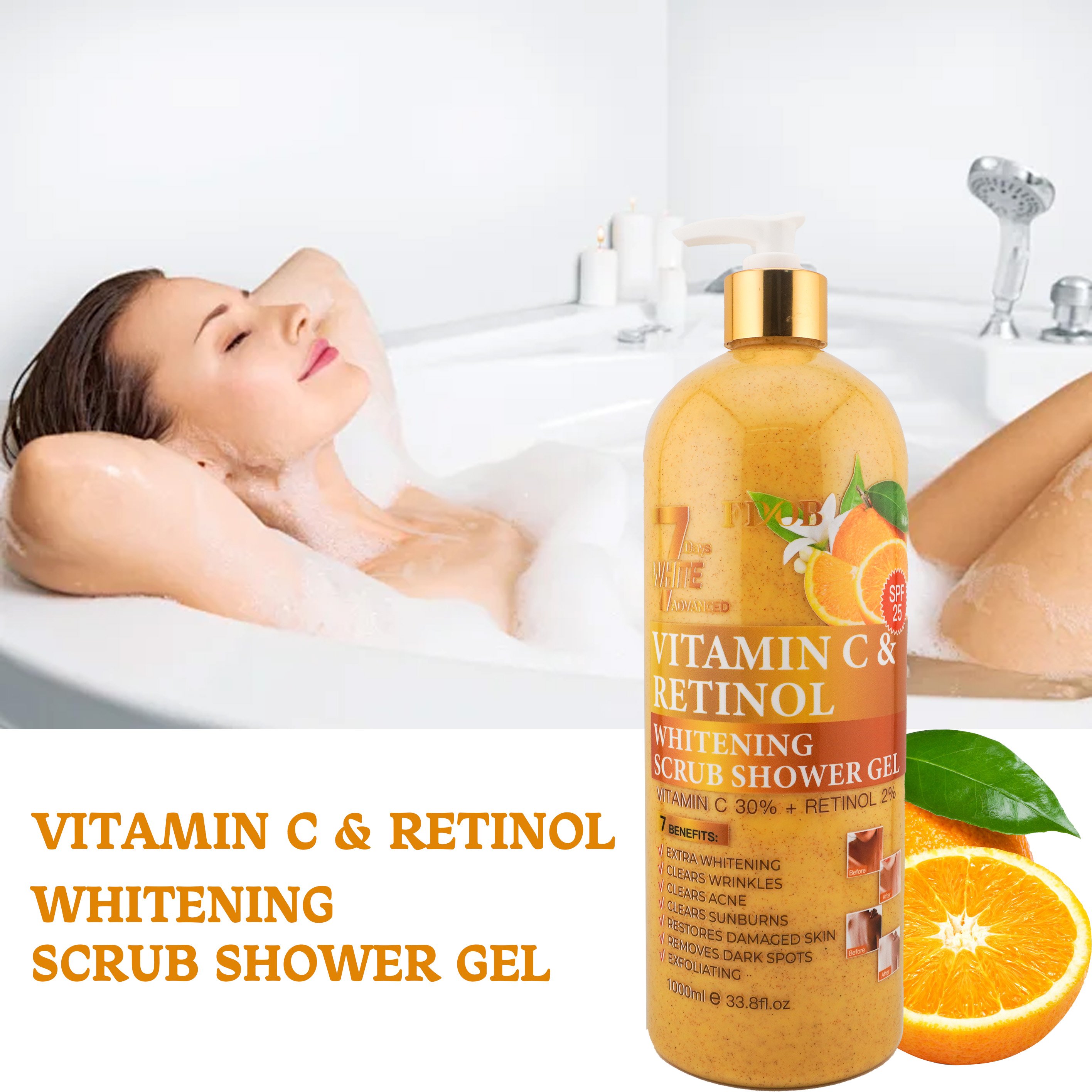 Private Label Vitamin C & Retinol Whitening Exfoliating Moisturizing Organic Body Scrub Shower Gel