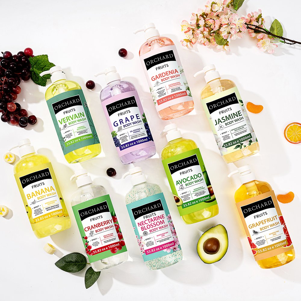 Summer Cooling 1000ml Body Wash Private Label Whitening Acne Organic Natural Jasmine Grapefruit Avocado Banana Fruit Shower Gel