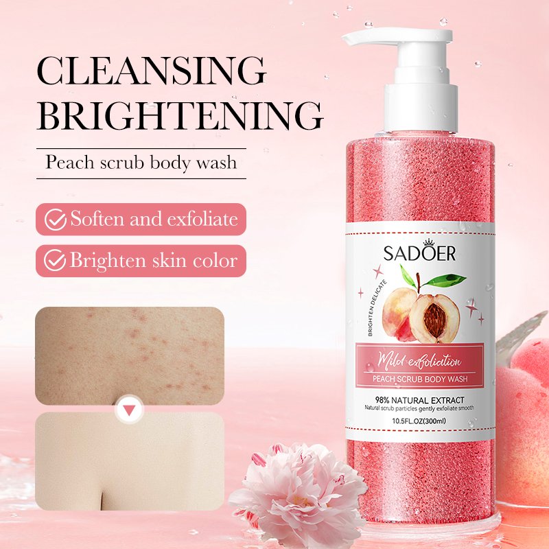SADOER Private Label Honey Peach Vitamin C Fruit Skin Hydrating Body Wash Scrub Exfoliating Lightening Whitening Shower Gel