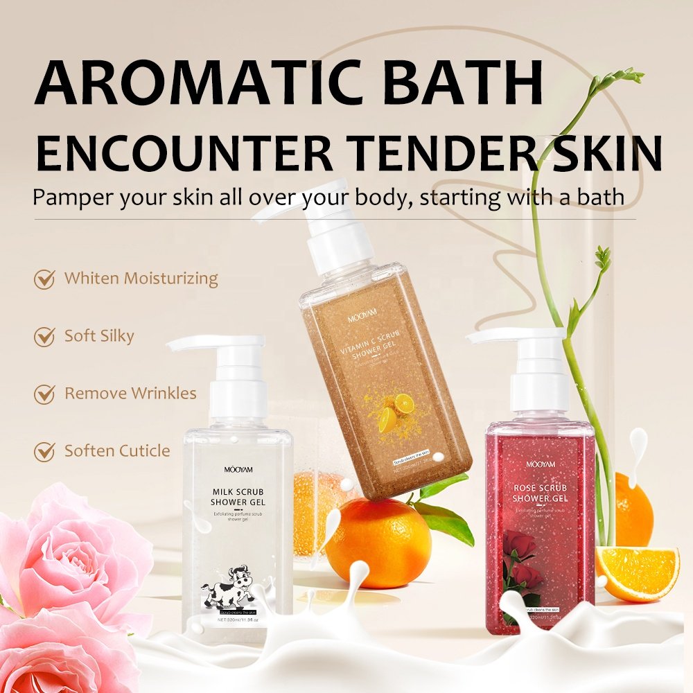 Long Lasting Fragrance Bath Fruit Orange Rose Milk Body Wash Organic Shower Gel Wash Exfoliating Perfume Scrub Shower Gels
