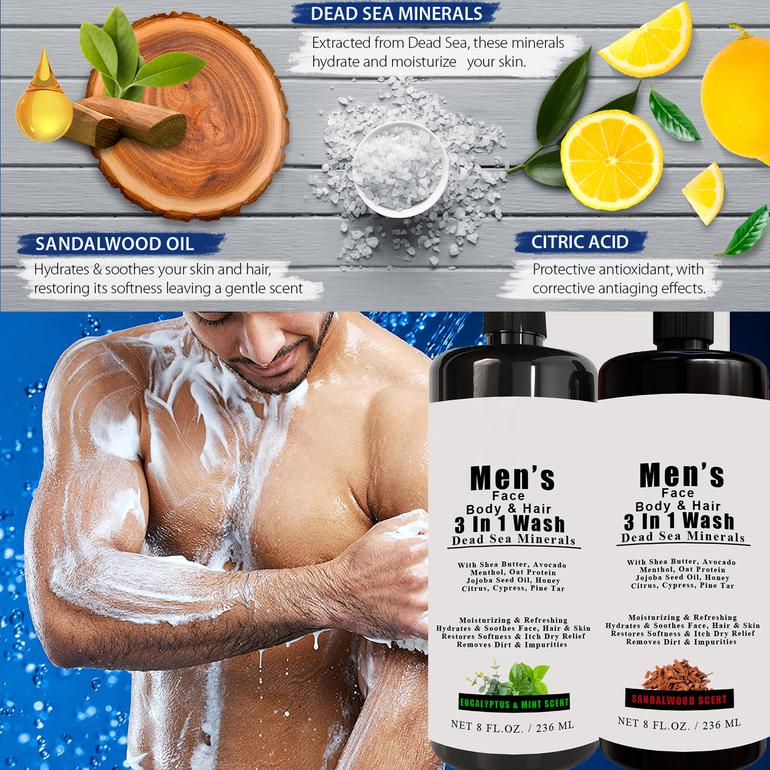 Moisturizing Refreshing Dead Sea Minerals Men's Face Body Hair 3 In 1 Wash Facial Cleanser Shampoo Conditioner Bath Shower Gels