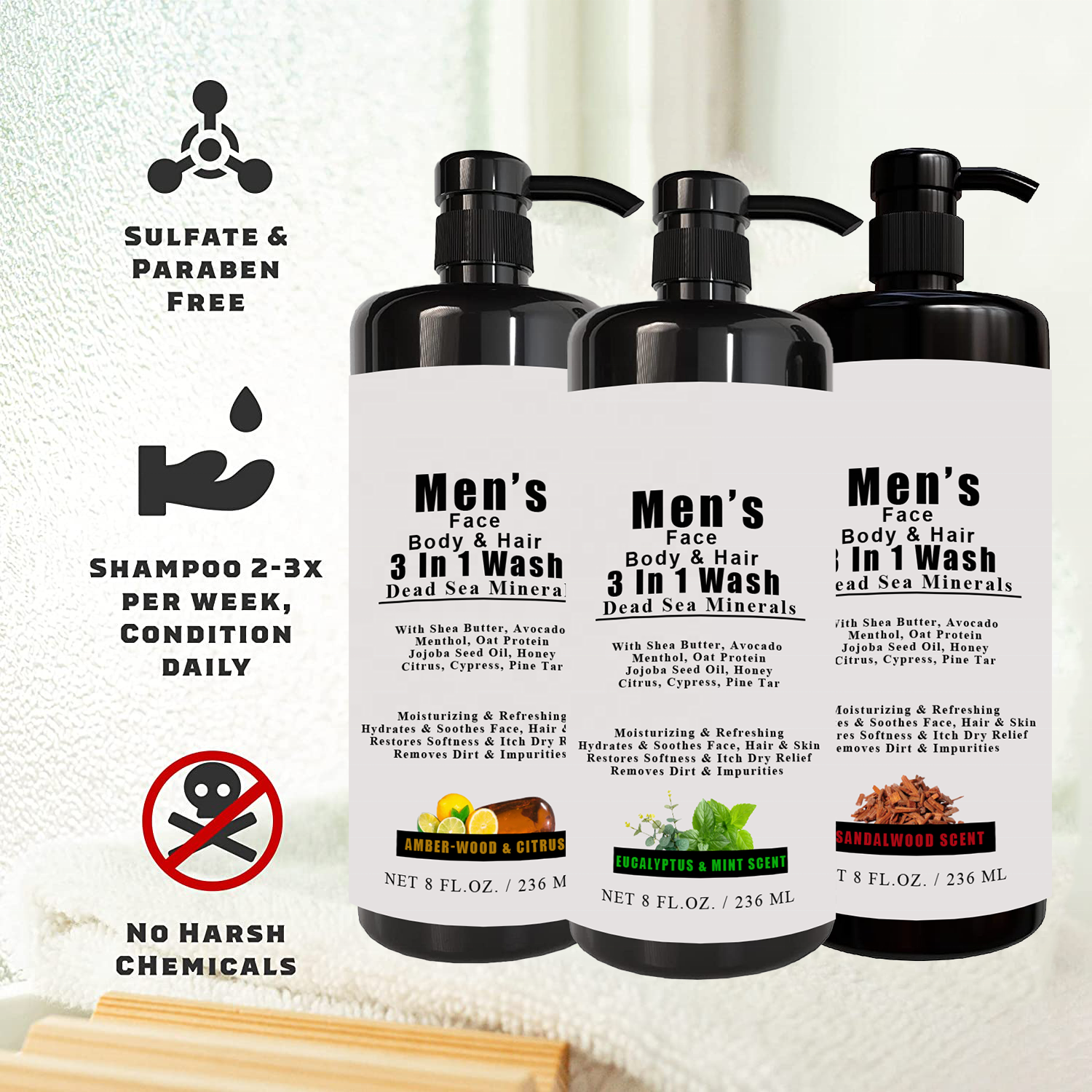 Moisturizing Refreshing Dead Sea Minerals Men's Face Body Hair 3 In 1 Wash Facial Cleanser Shampoo Conditioner Bath Shower Gels