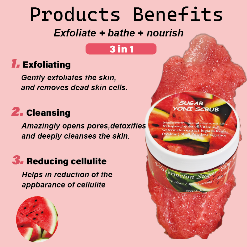 Customized Watermelon 150g Body Yoni Sugar Scrub Organic Cream Salt Gel Lotion for Deep Skin Cleaning Whitening Use Face Bath