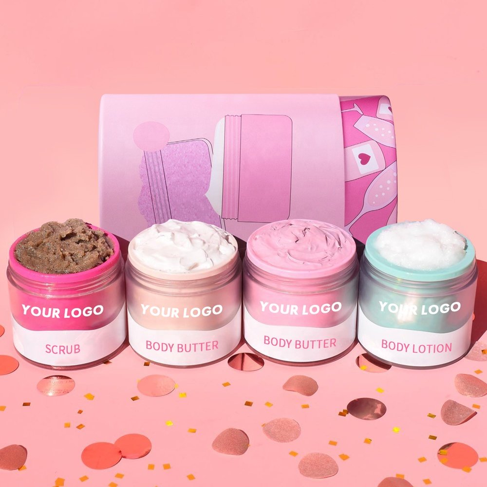 Custom Logo Vegan Moisturizing Body Lotion Exfoliating Scrub Bath Gift Set for Dry Skin Best Natural Private Label Body Lotion