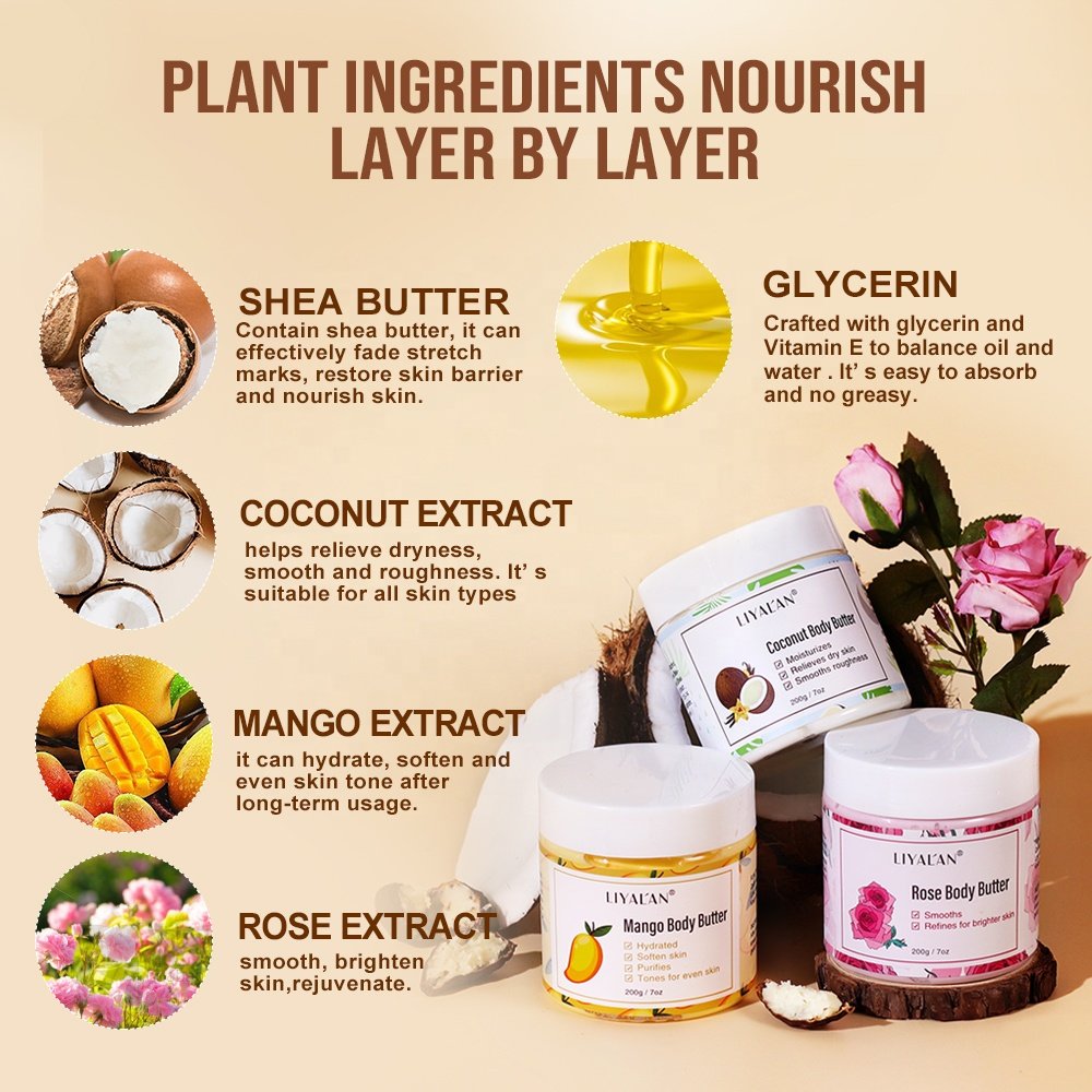 Wholesale Private Label Body Care Non-greasy Vegan Organic Rose Coconut Mango Whipped Body Butter