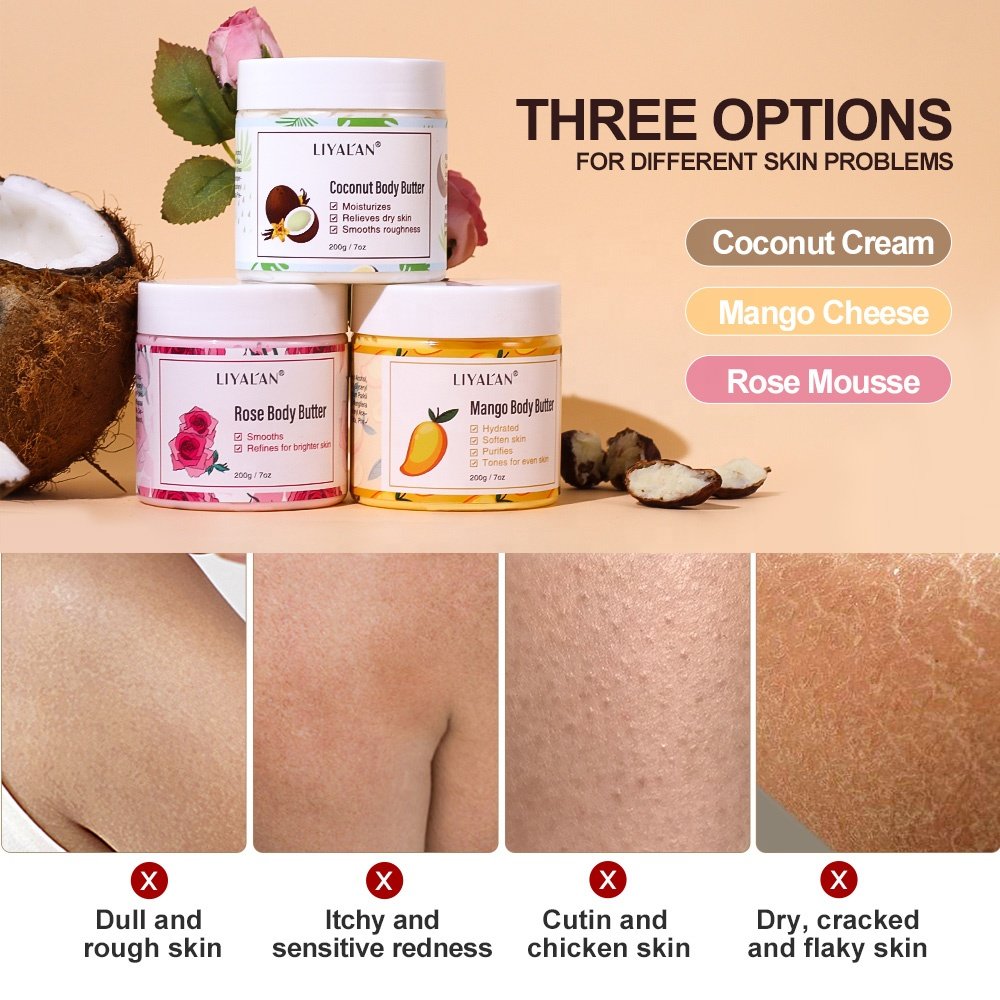 Wholesale Private Label Body Care Non-greasy Vegan Organic Rose Coconut Mango Whipped Body Butter