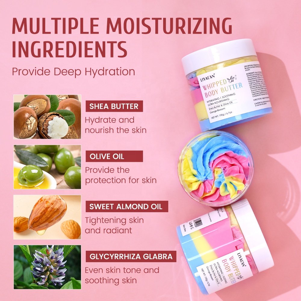 Wholesale Private Label Organic Shea Butter Body Cream Skin Hydrating Nourishing Colorful Whipped Body Butter