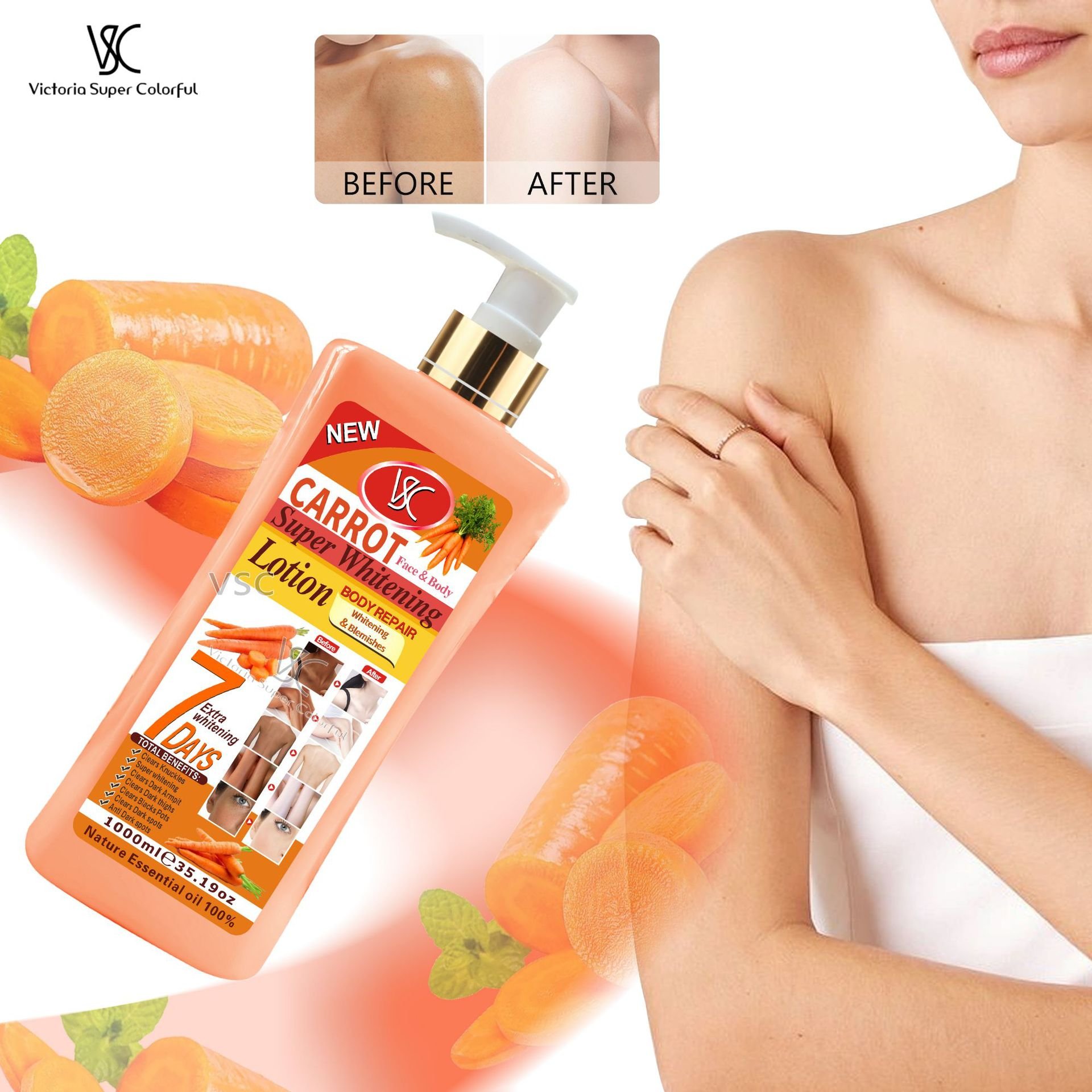 High Quality Turmeric Carrot Almond Lotion 1000ml Super Whitening Skin Care Cream Moisturizer Nourishing Vitamin C Body Lotion