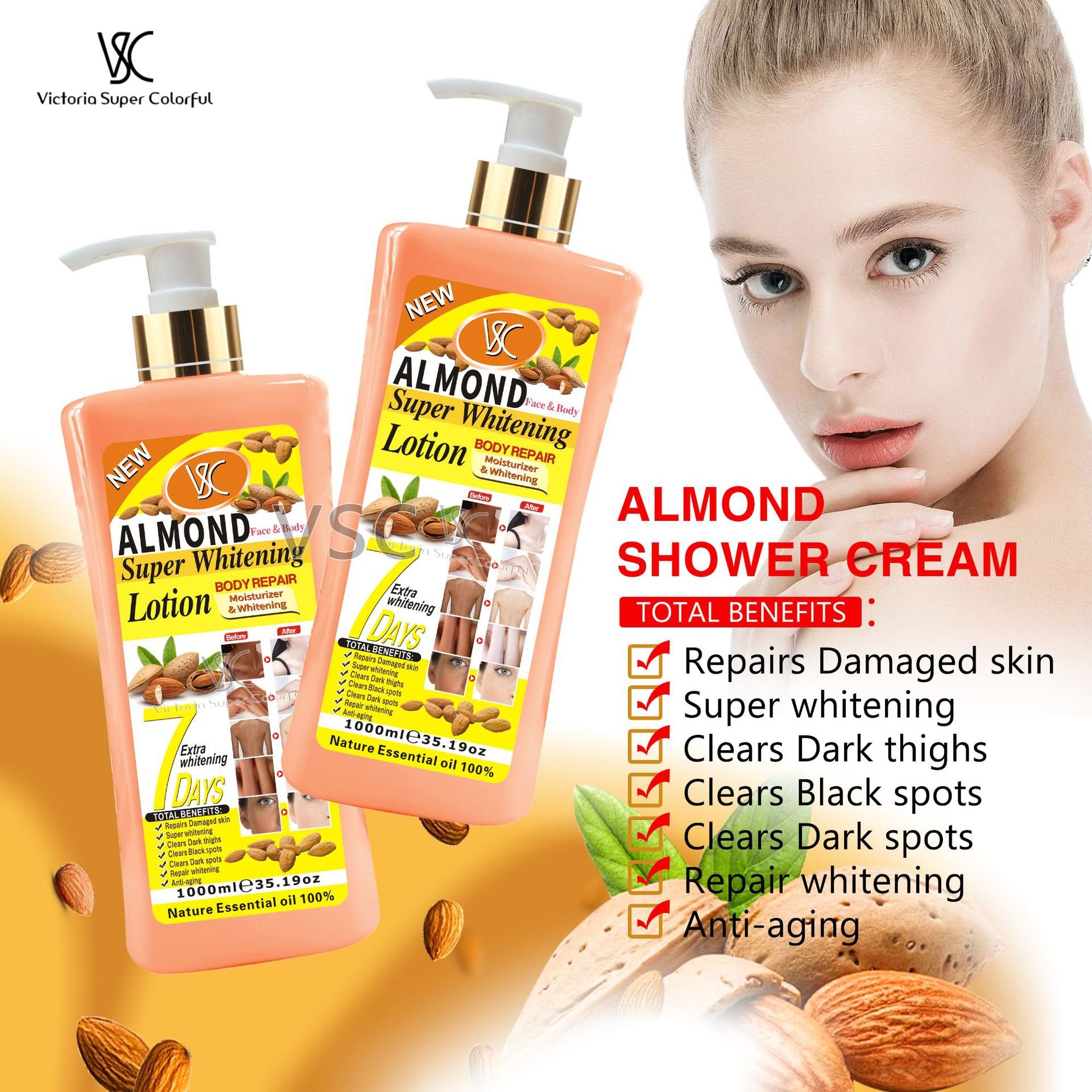 High Quality Turmeric Carrot Almond Lotion 1000ml Super Whitening Skin Care Cream Moisturizer Nourishing Vitamin C Body Lotion