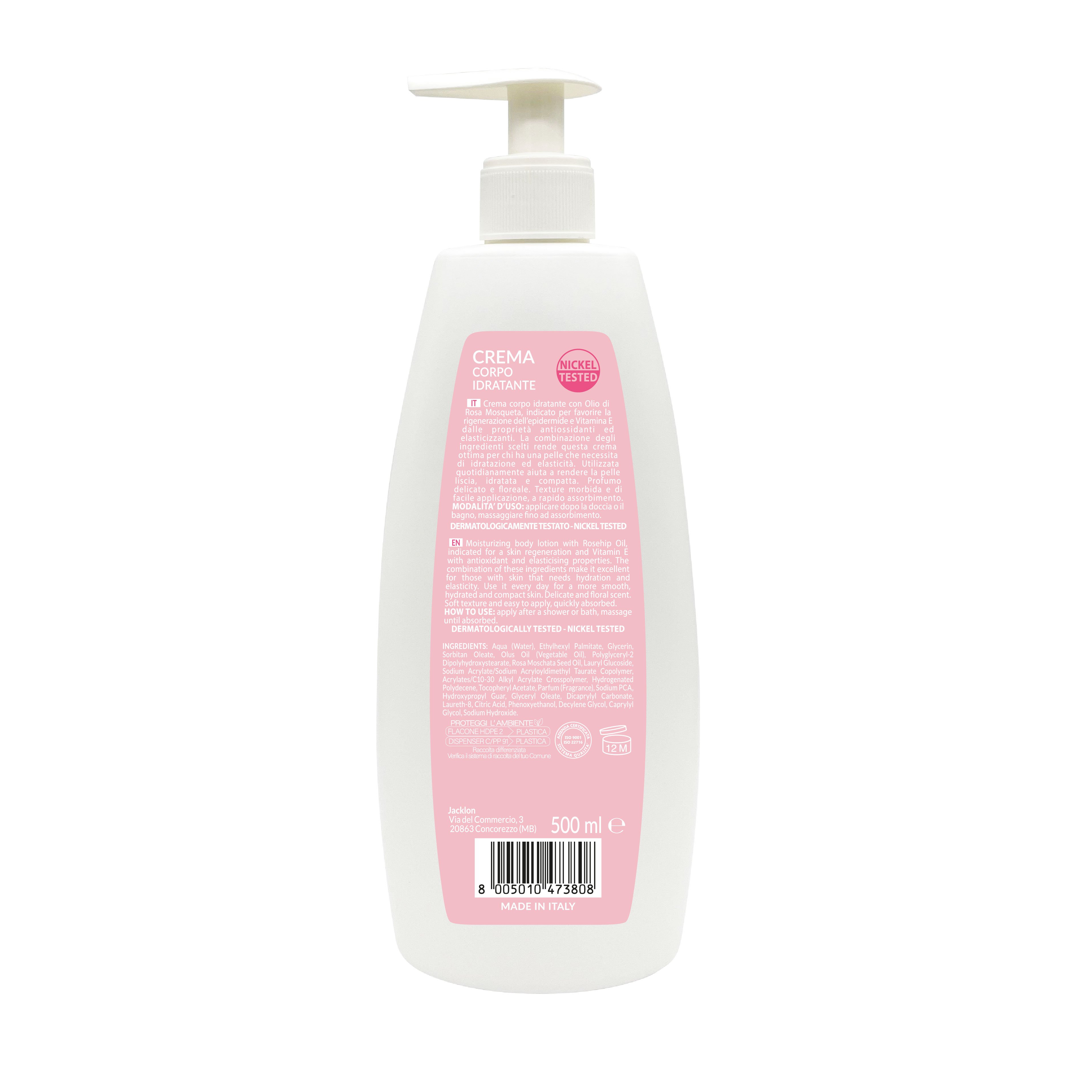 100% MADE IN ITALY BODY LOTION 95% NATURAL INGREDIENTS ROSEHIP OIL AND VITAMIN E DERMATOLOGICALLY NICKEL TESTED 500ML