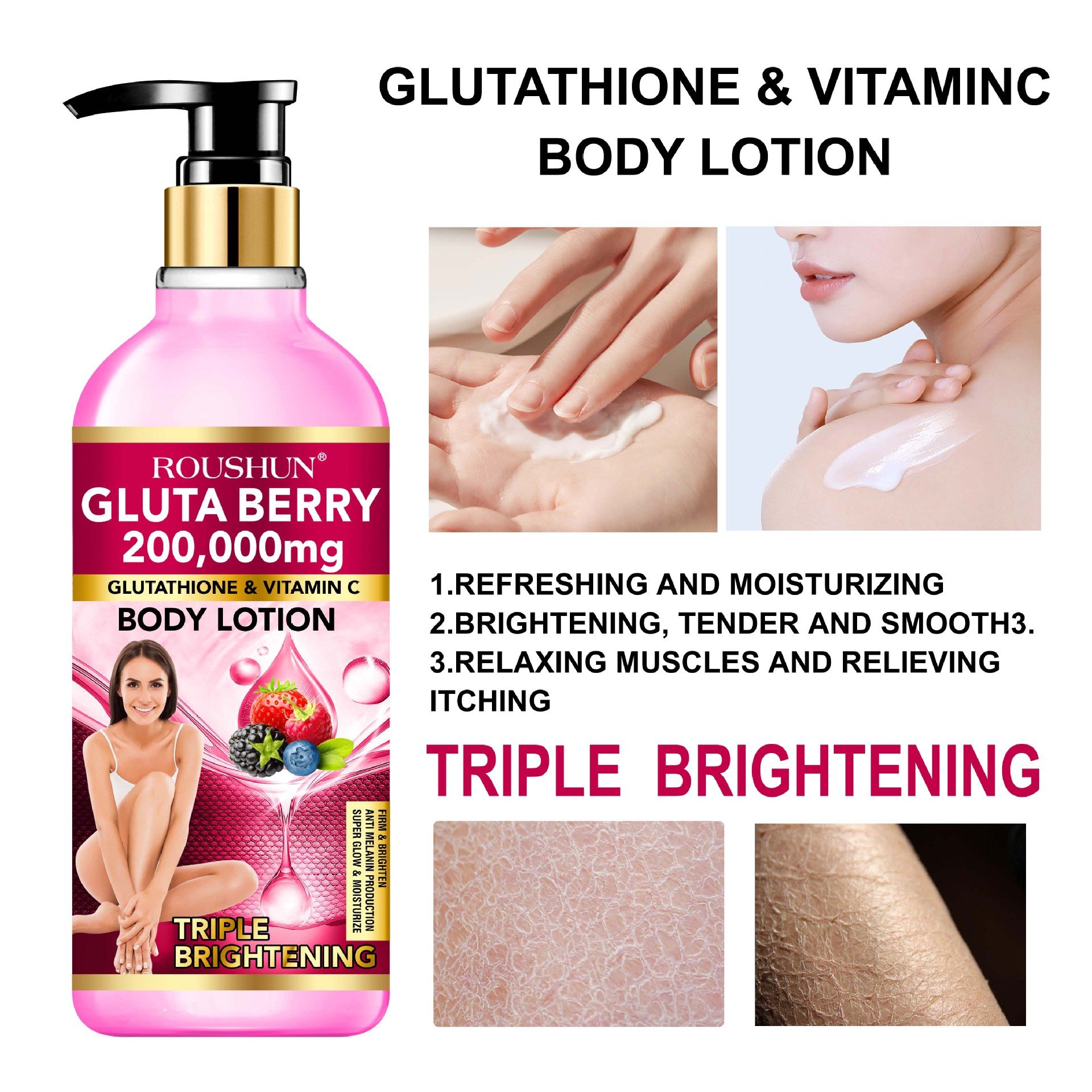 Gluta Berry Triple Brightening and Relaxing Body Lotion Kojic Acid Beauty Refreshing and Moisturizing Body Care Loltion 500ml