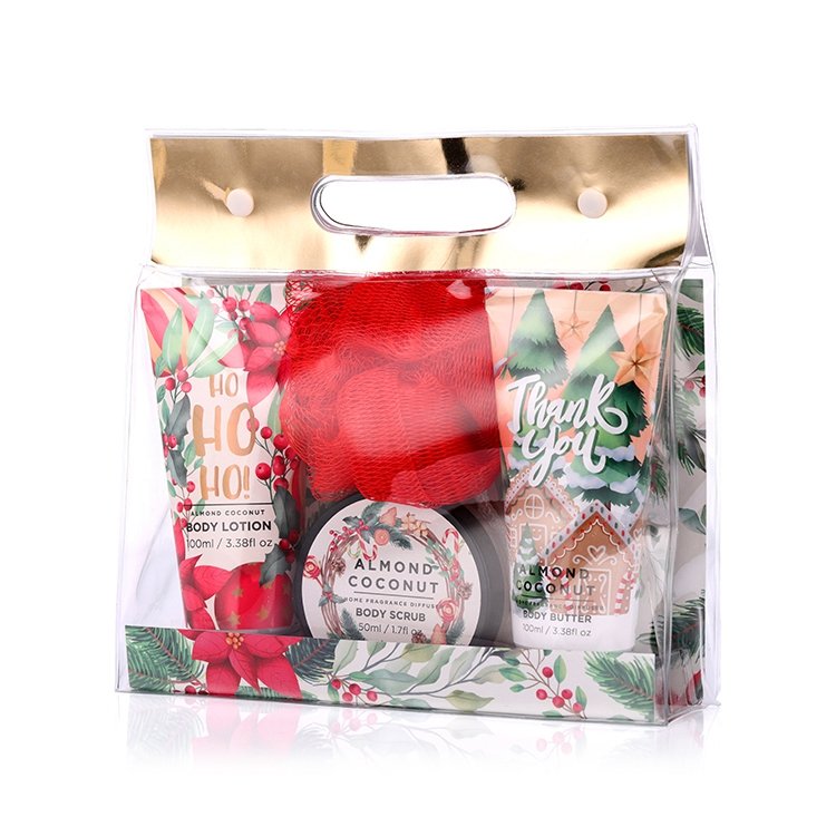 Christmas design 100ml body lotion and body butter 50ml body scrub 10g bath puff lightening bath gift set suppliers