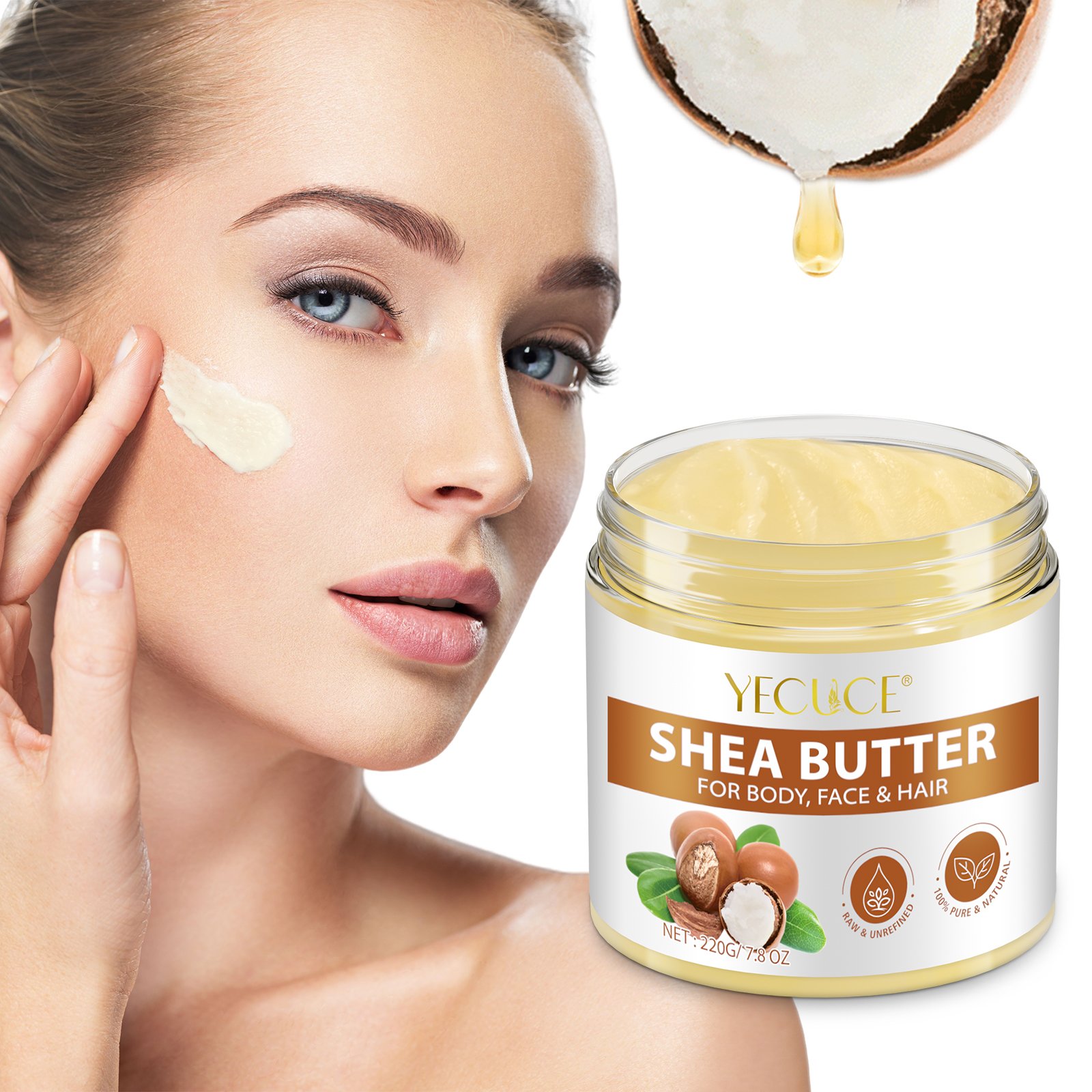 YECUCE 220G Natural Organic Shea Butter Cream Deep Moisturizing Smooth Whitening Body Butter Lotion For Face Body & Hair