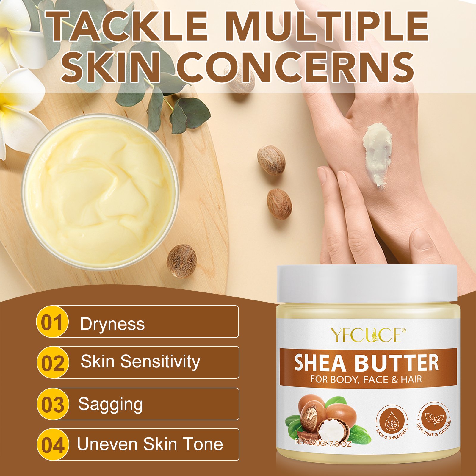YECUCE 220G Natural Organic Shea Butter Cream Deep Moisturizing Smooth Whitening Body Butter Lotion For Face Body & Hair