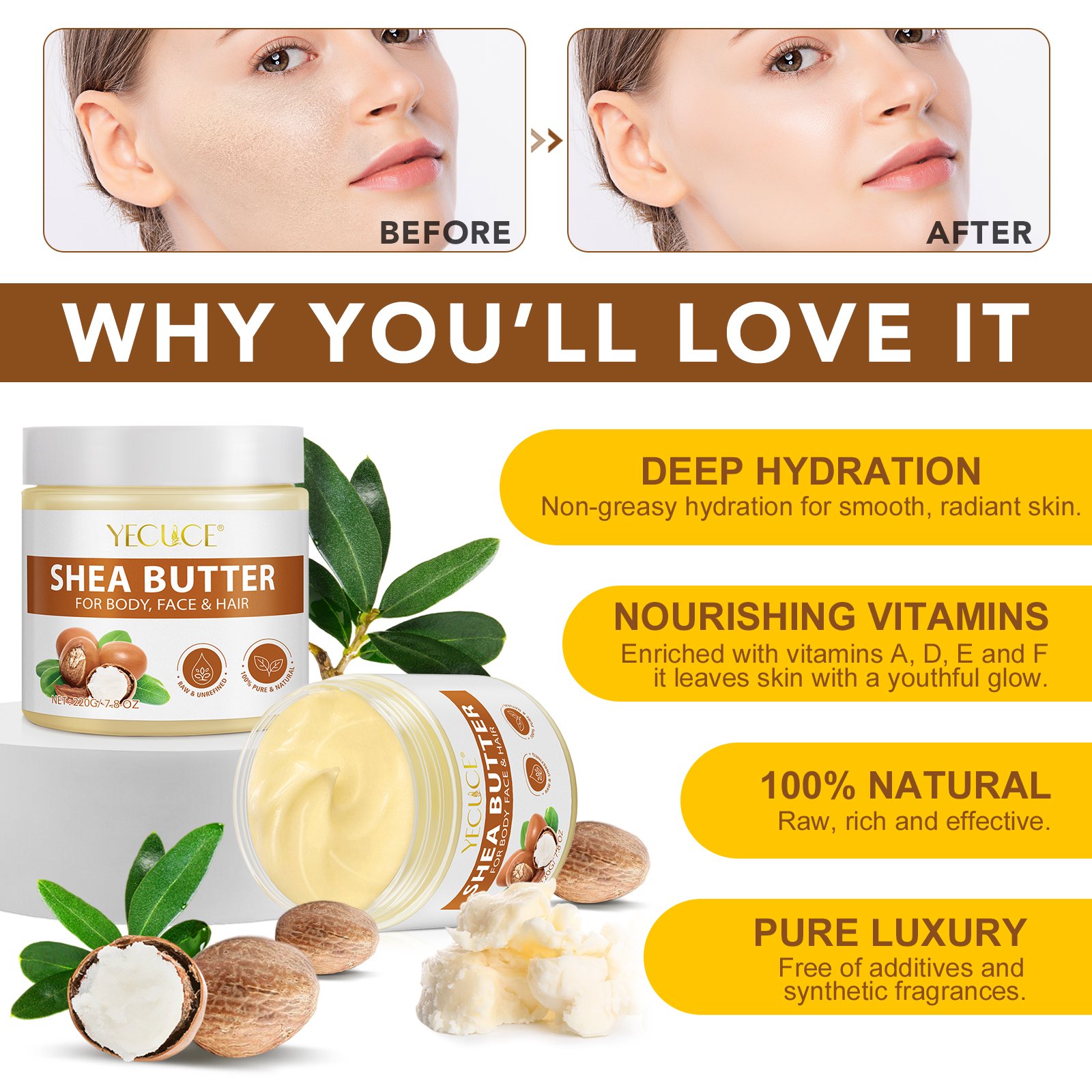 YECUCE 220G Natural Organic Shea Butter Cream Deep Moisturizing Smooth Whitening Body Butter Lotion For Face Body & Hair