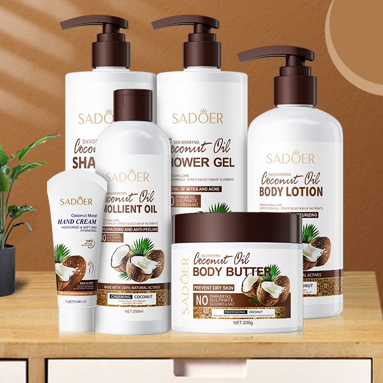 OEM SADOER private label wholesale coconut essence body wash care skin balancing whitening anti aging moisturizing skin care set