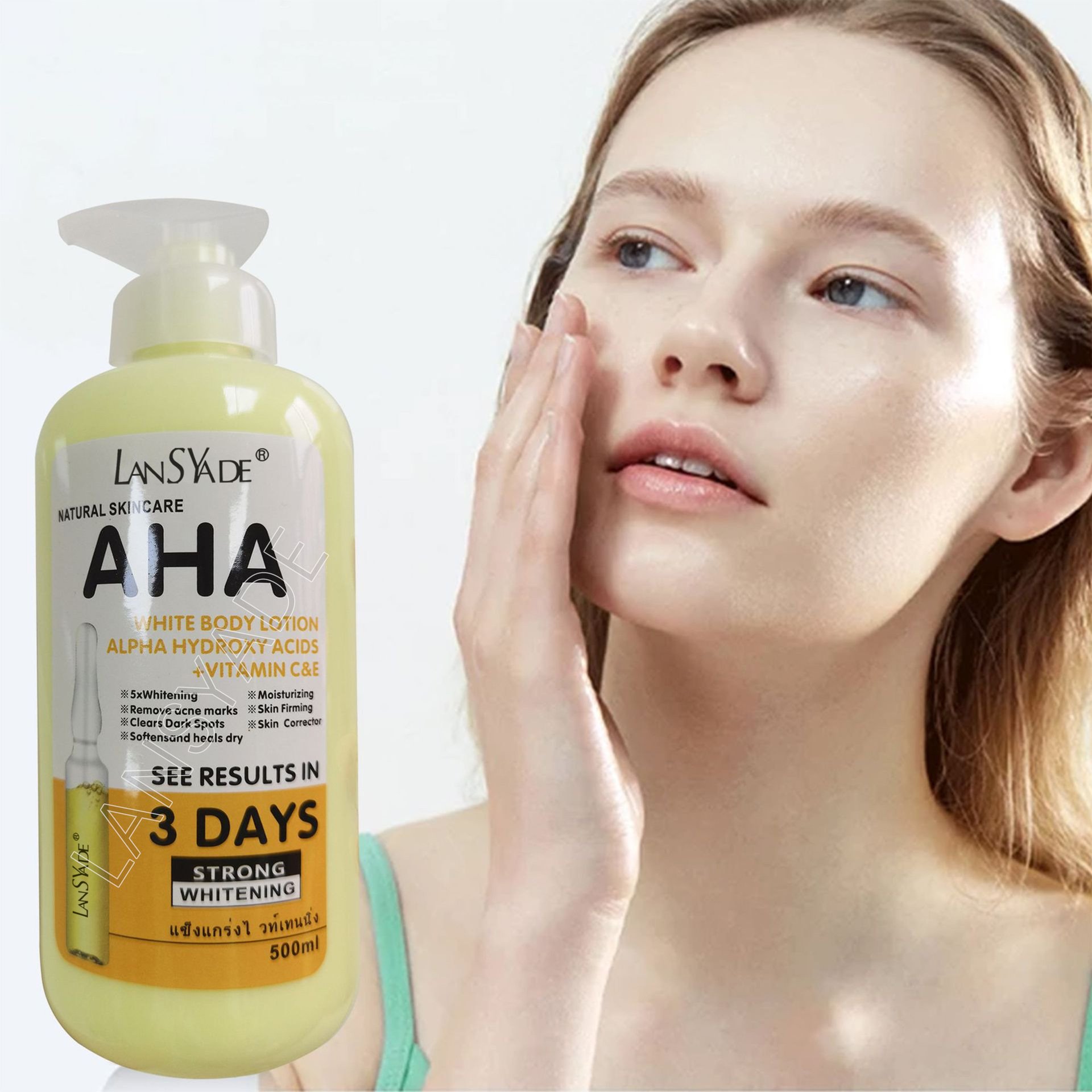LANSYADE AHA Whitening Body Lotion Vitamin C Vitamin E Moisturizing Clearing Dark Spot Removing Acne 500ml Body Lotion Products