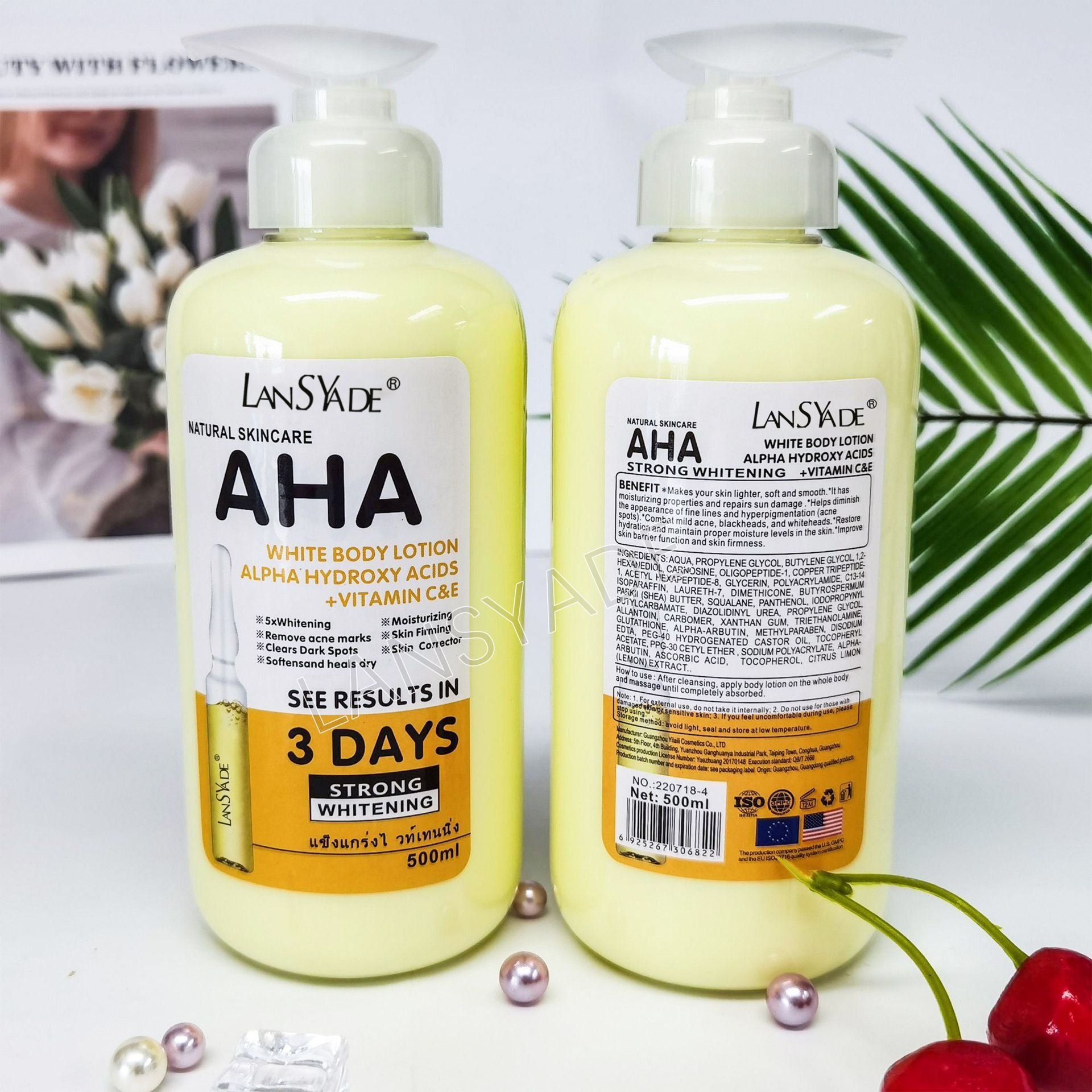 LANSYADE AHA Whitening Body Lotion Vitamin C Vitamin E Moisturizing Clearing Dark Spot Removing Acne 500ml Body Lotion Products