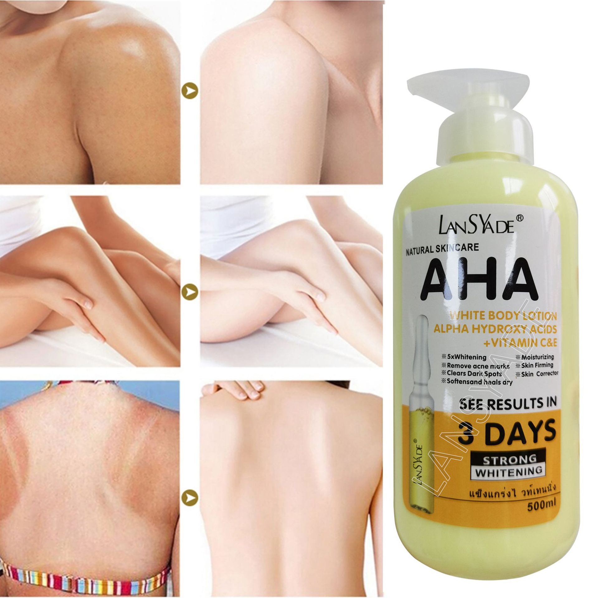 LANSYADE AHA Whitening Body Lotion Vitamin C Vitamin E Moisturizing Clearing Dark Spot Removing Acne 500ml Body Lotion Products