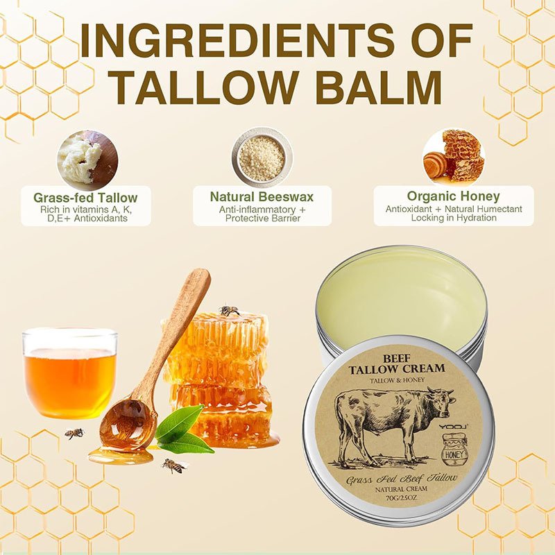 YOOJ Beef Tallow Honey Cream Tallow Face Moisturizer Natural Organic Grass-Fed Beef Tallow Balm Body Lotion Skin Care