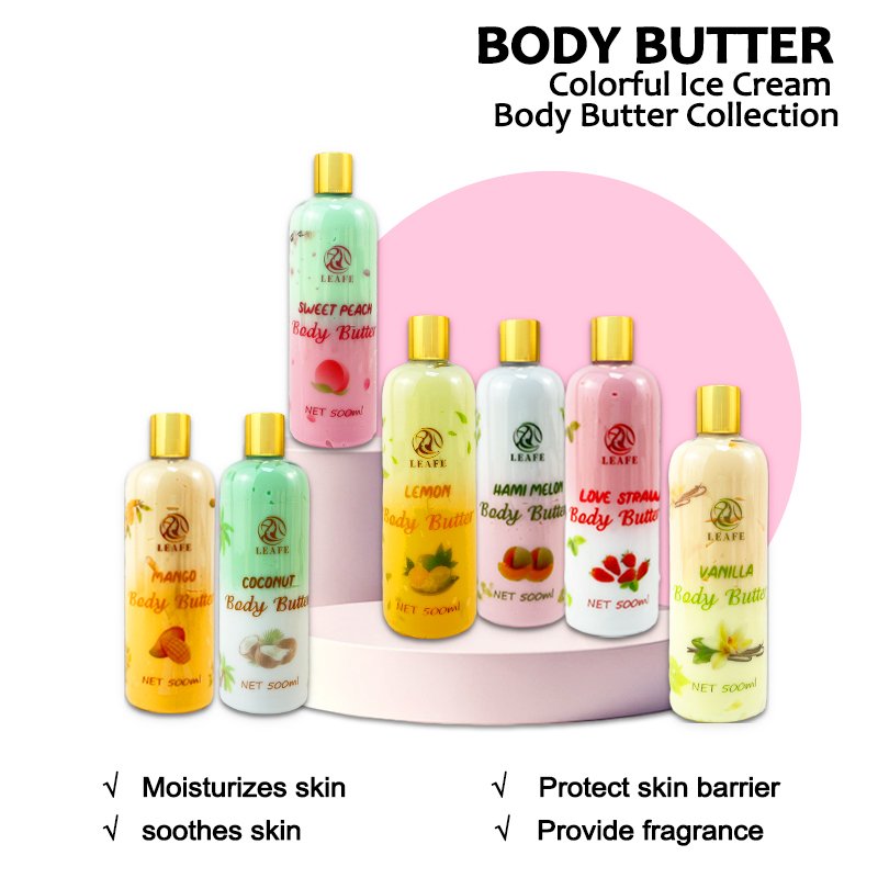 Organic 500ml Shea Strawberry Mango Coconut Colored Body Lotion Moisturizing Body Care Whitening Butter Lotion For Women