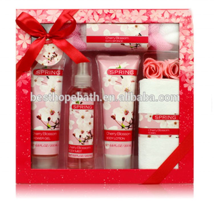 Wholesale customize pink bubble bath gift body luxury spa natural cherry wash bath gift set for women