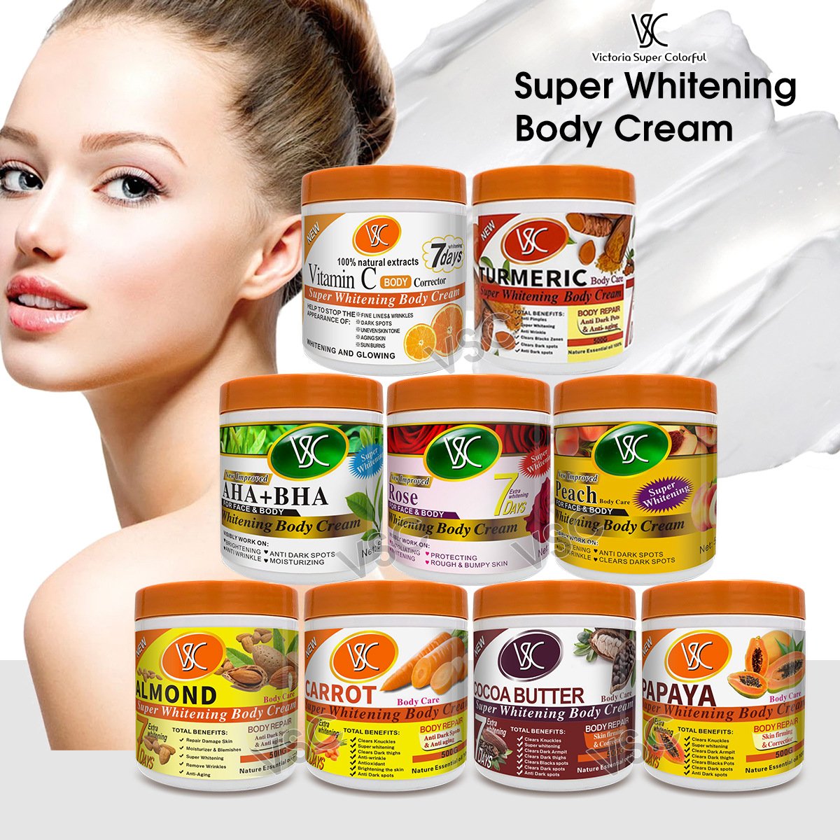 VSC wholesale pivate label anti dark pots& anti-aging body lotion moisturizing turmeric super whitening body cream 500g