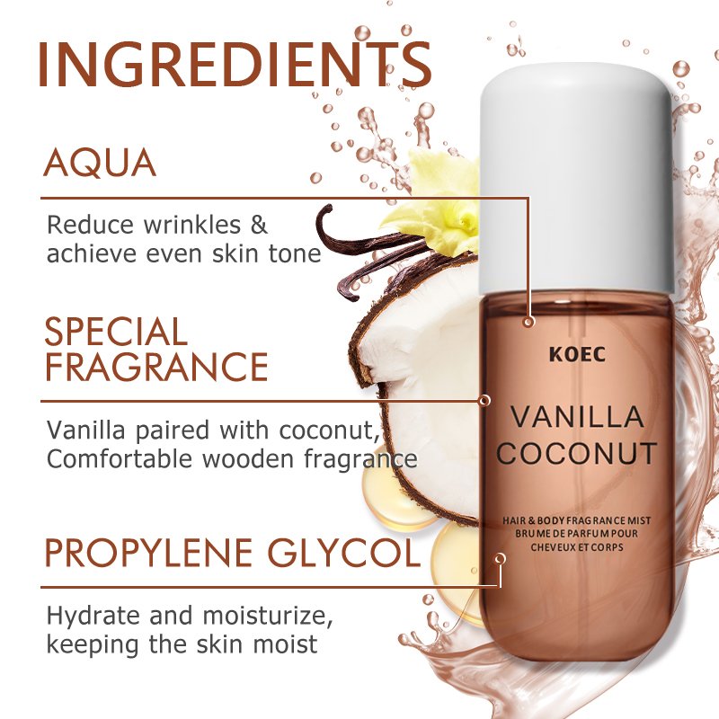 KOEC Vanilla Coconut Hair&Body Fragrance Mist Wholesale Long-Lasting Fragrance Perfume Spray Scent Luxury Perfume Gift Body Mist